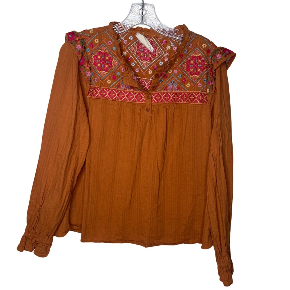 Savanna‎ Jane Rust Orange Embroidered Boho Peasant Blouse Top  Womens Medium